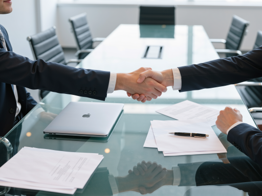 Two business professionals shaking hands across table, symbolic representation of partnership