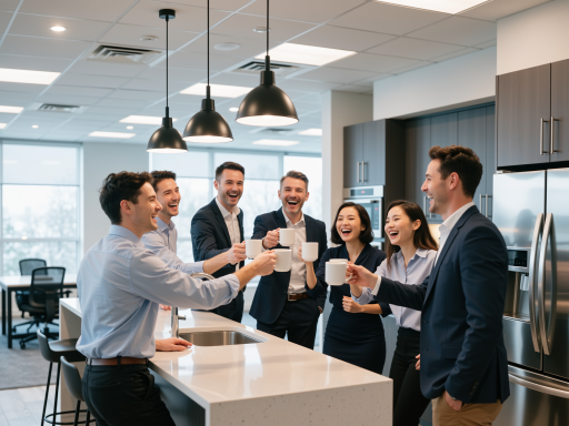 Celebratory moment with business team raising glasses, professional office environment